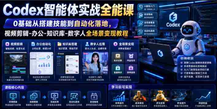 Codex智能体实战全能课|0基础从搭建技能到自动化落地,视频剪辑-办公-知识库-数字人全场景变现教程-晓懂云创