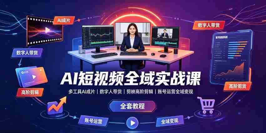 AI短视频全域实战课|多工具AI成片、数字人带货、剪映高阶剪辑、账号运营全域变现全套教程-晓懂云创