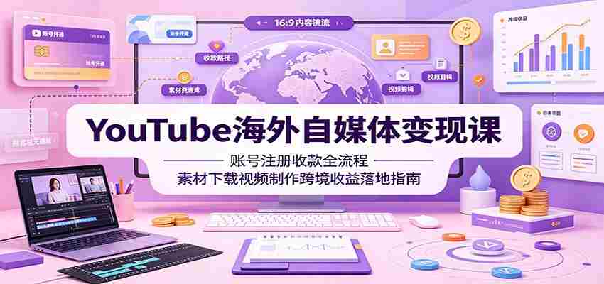 YouTube海外自媒体变现课:账号注册收款全流程,素材下载视频制作跨境收益落地指南-晓懂云创