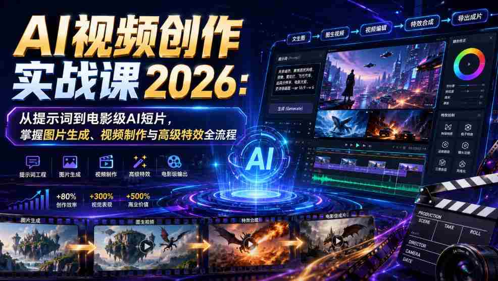 AI视频创作实战课2026:从提示词到电影级AI短片,掌握图片生成、视频制作与高级特效全流程-晓懂云创