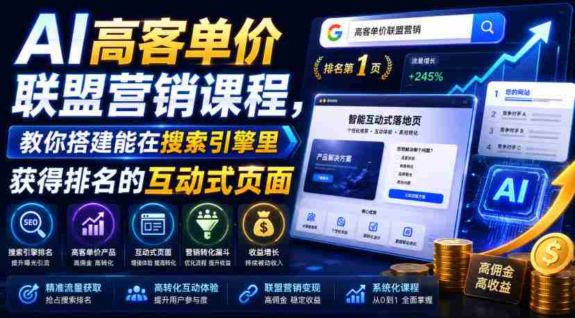 AI高客单价联盟营销课程,教你搭建能在搜索引擎里获得排名的互动式页面,引来流量,把访客转化为高佣金的成交【原创双语字幕】-晓懂云创