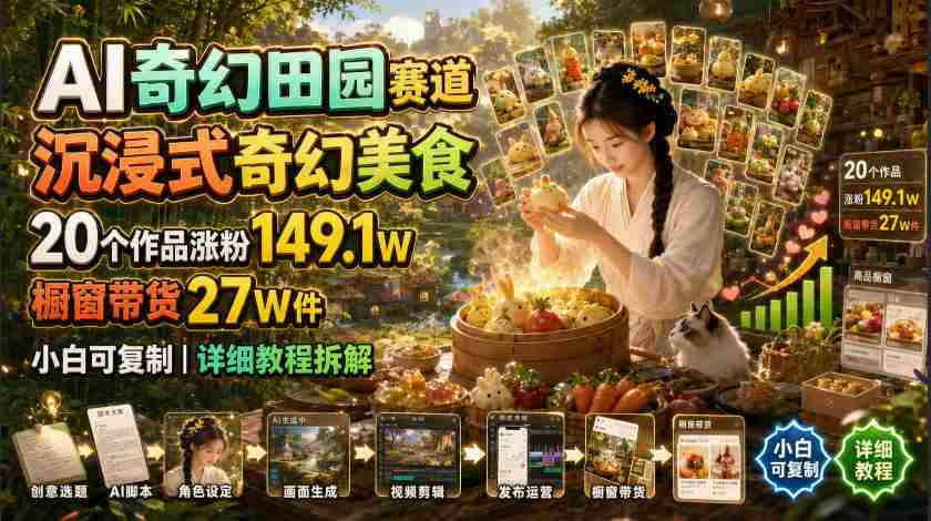 AI奇幻田园赛道,沉浸式奇幻美食,20个作品涨粉149.1W,橱窗带货27W件,小白可复制,详细教程拆解-晓懂云创
