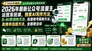 2026年最新公众号流量主运营系统课,独家AI写作方法,0-AI率润色方法、批量做号隔离方法、高爆率选题方法,全都教会你-晓懂云创