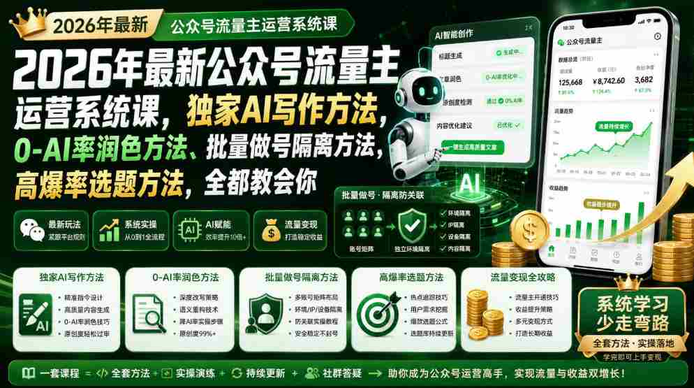 2026年最新公众号流量主运营系统课,独家AI写作方法,0-AI率润色方法、批量做号隔离方法、高爆率选题方法,全都教会你-晓懂云创