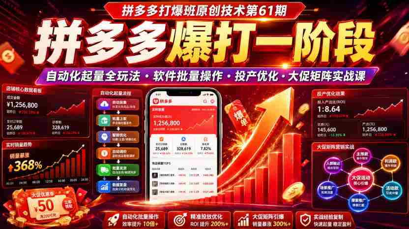 拼多多打爆班原创技术第61期,拼多多爆打一阶段,自动化起量全玩法・软件批量操作・投产优化・大促矩阵实战课-晓懂云创