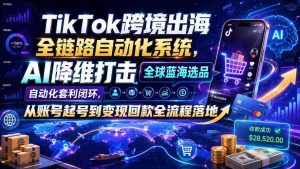 TikTok跨境出海全链路自动化系统,AI降维打击全球蓝海选品自动化套利闭环,从账号起号到变现回款全流程落地(2026年7月)-晓懂云创