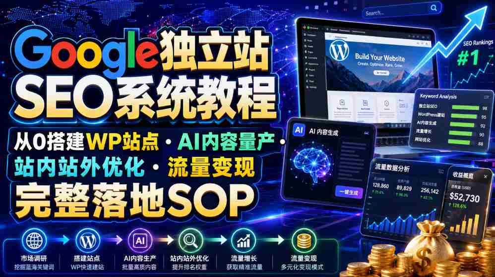Google独立站SEO系统教程,从0搭建WP站点・AI内容量产・站内站外优化・流量变现完整落地SOP(2026年7月)-晓懂云创