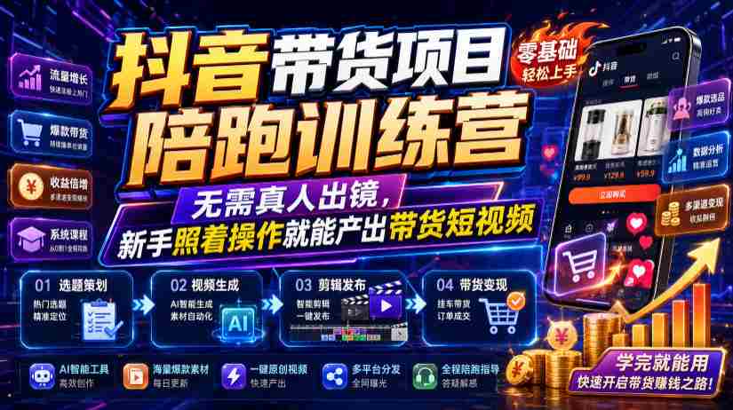 抖音带货项目陪跑训练营,无需真人出镜,新手照着操作就能产出带货短视频-晓懂云创