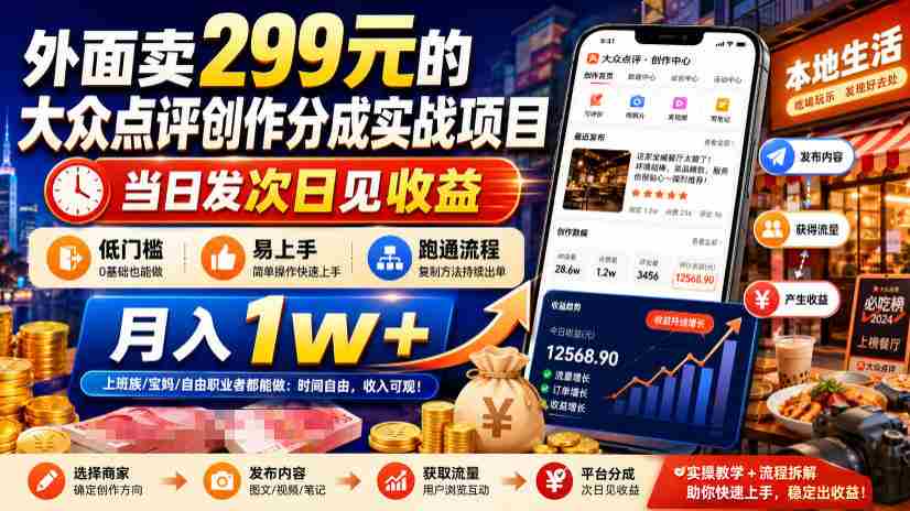 外面卖299元的大众点评创作分成实战项目,当日发次日见收益,低门槛易上手,跑通流程月入1w+-晓懂云创