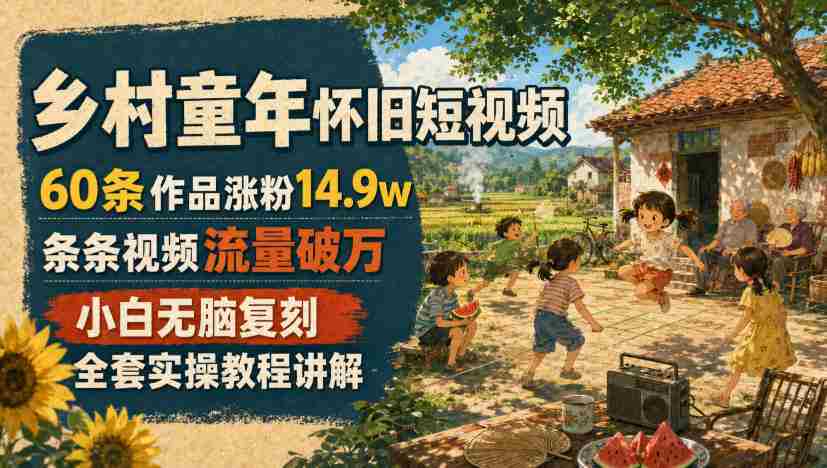 乡村童年怀旧短视频,60条作品涨粉14.9w,条条视频流量破万,小白无脑复刻,全套实操教程讲解-晓懂云创
