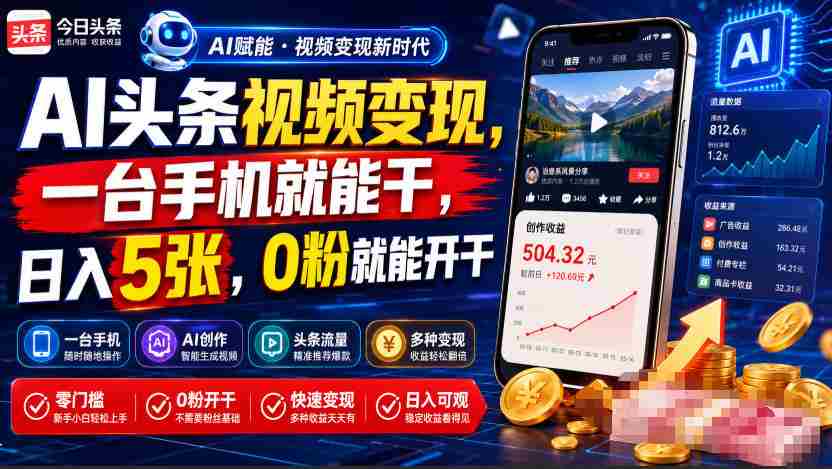 AI头条视频变现,一台手机就能干,日入5张,0粉就能开干-晓懂云创