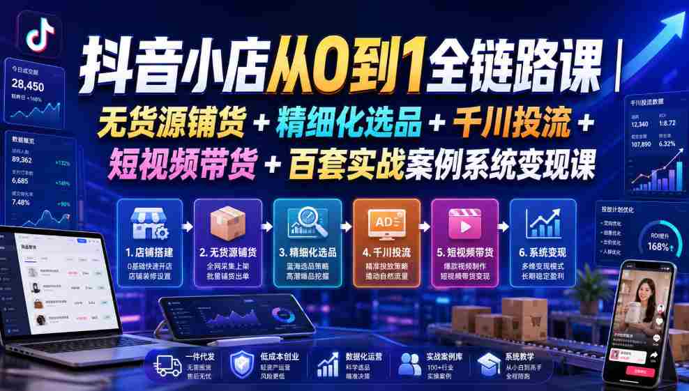 抖音小店从0到1全链路课|无货源铺货+精细化选品+千川投流+短视频带货+百套实战案例系统变现课(2026年7月更新)-晓懂云创