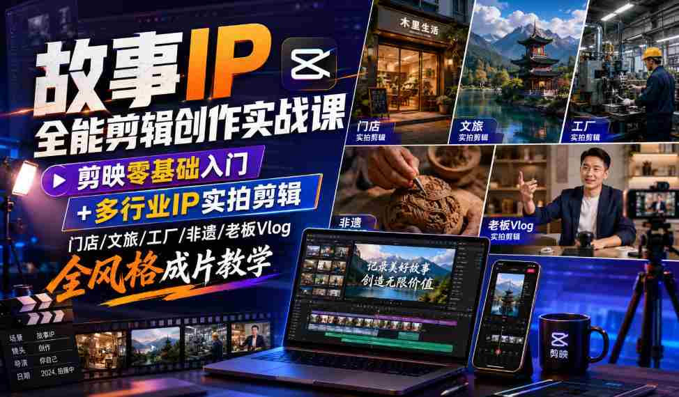 故事IP全能剪辑创作实战课|剪映零基础入门+多行业IP实拍剪辑,门店/文旅/工厂/非遗/老板Vlog全风格成片教学-晓懂云创