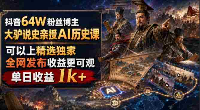 抖音64W粉丝博主大驴说史亲授AI历史课,可以上精选独家,全网发布收益更可观,单日收益1k+-晓懂云创