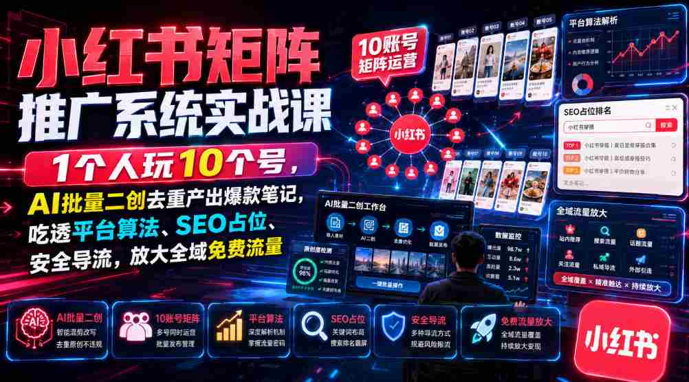 小红书矩阵推广系统实战课|1个人玩10个号,AI批量二创去重产出爆款笔记,吃透平台算法、SEO占位、安全导流,放大全域免费流量-晓懂云创