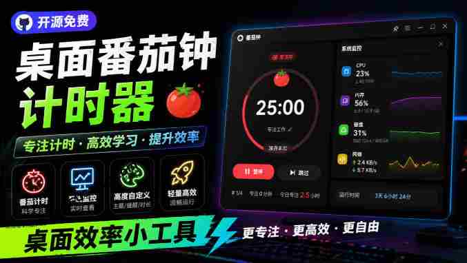仅1.16MB,开源极简的桌面时钟、番茄钟计时器,还支持系统监控显示,桌面效率小工具Catime-晓懂云创