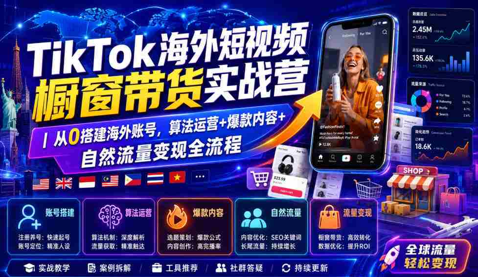 TikTok海外短视频橱窗带货实战营｜从0搭建海外账号，算法运营+爆款内容+自然流量变现全流程-晓懂云创