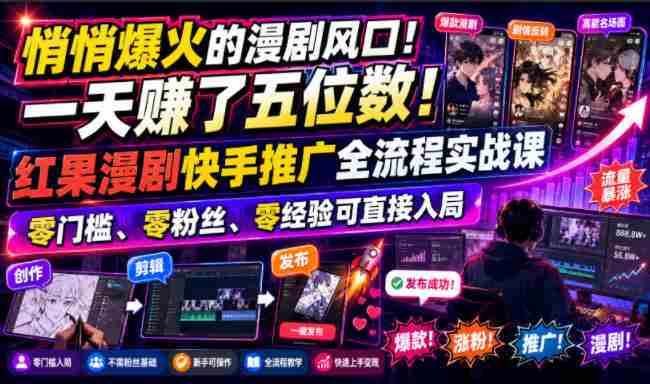 悄悄爆火的漫剧风口!一天賺了五位数!红果漫剧快手推广全流程实战课,零门槛、零粉丝、零经验可直接入局-晓懂云创