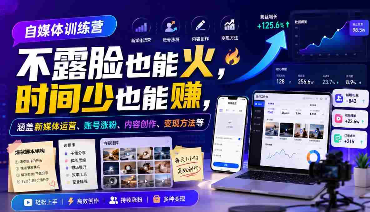 自媒体训练营,不露脸也能火,时间少也能賺,涵盖新媒体运营、账号涨粉、内容创作、变现方法等-晓懂云创