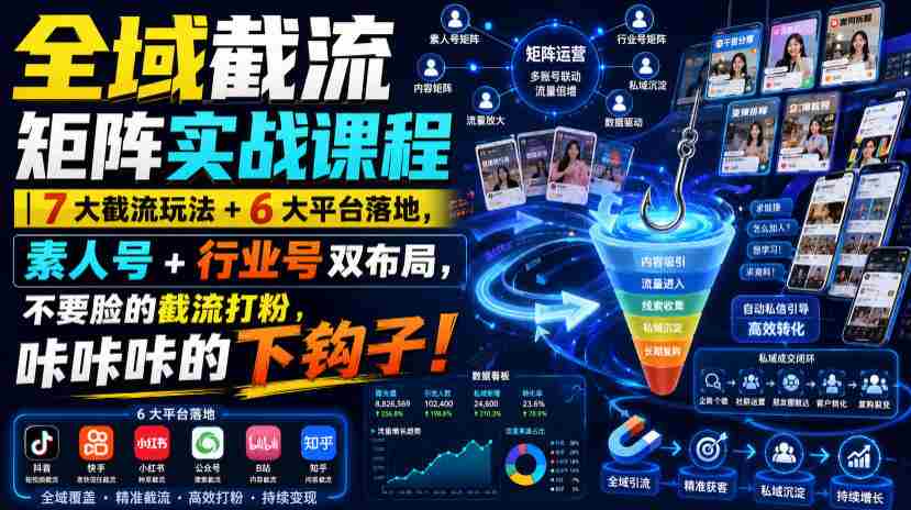 全域截流矩阵实战课程|7大截流玩法+6大平台落地,素人号+行业号双布局,不要脸的截流打粉,咔咔咔的下钩子!-晓懂云创