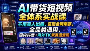 AI带货短视频全体系实战课,不用真人出镜,复刻全网爆款、全品类通用,国内抖音+海外TK双赛道变现-晓懂云创
