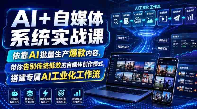 AI+自媒体系统实战课,依靠AI批量生产爆款内容,带你告别传统低效的自媒体创作模式,搭建专属AI工业化工作流-晓懂云创