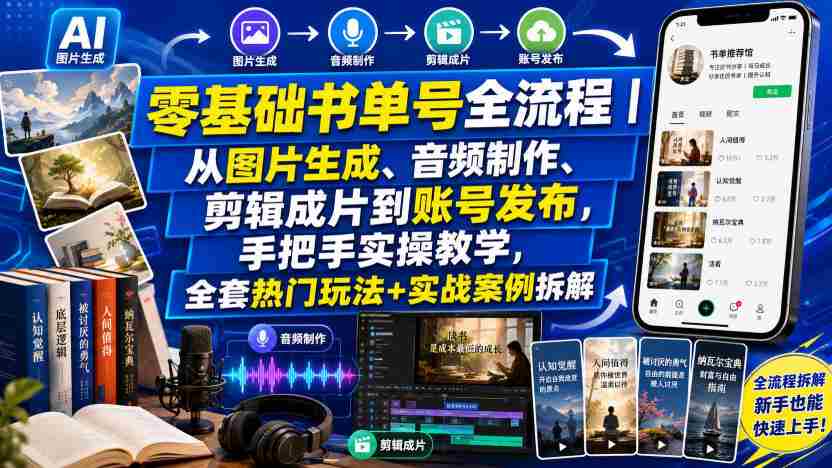 零基础书单号全流程|从图片生成、音频制作、剪辑成片到账号发布,手把手实操教学,全套热门玩法+实战案例拆解-晓懂云创