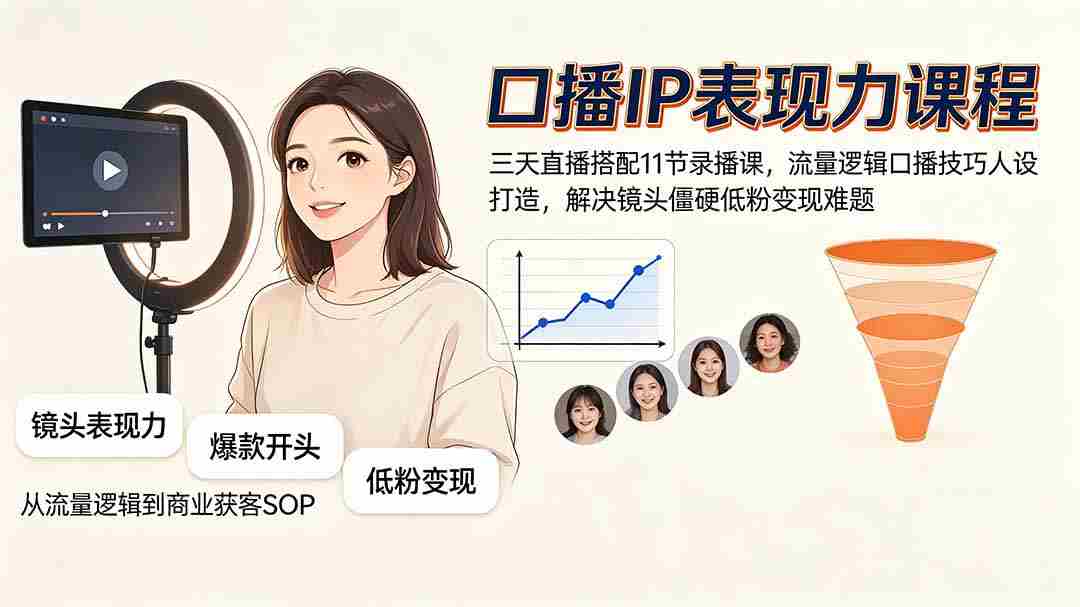 (19604期)口播IP表现力课程|三天直播搭配11节录播课,流量逻辑口播技巧人设打造,解决镜头僵硬低粉变现难题-晓懂云创