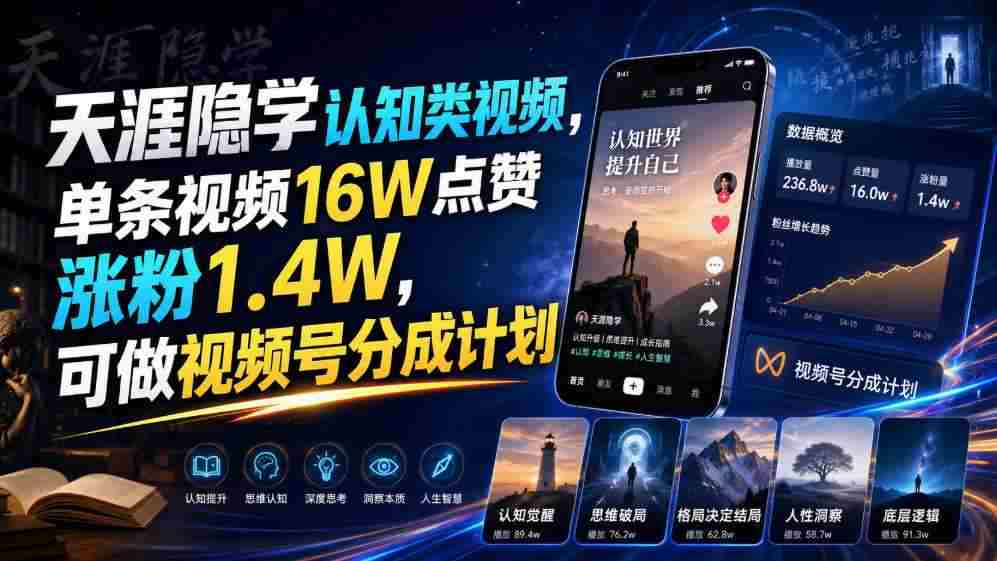 天涯隐学认知类视频,单条视频16W点赞涨粉1.4W,可做视频号分成计划-晓懂云创