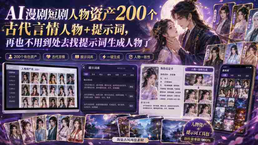 AI漫剧短剧人物资产200个古代言情人物+提示词,再也不用到处去找提示词生成人物了-晓懂云创