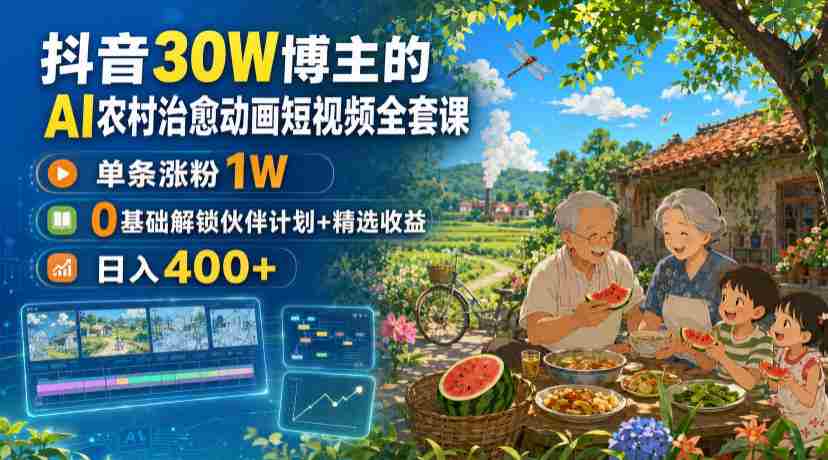抖音30W博主的AI农村治愈动画短视频全套课|单条涨粉1W,0基础解锁伙伴计划+精选收益,日入400+-晓懂云创