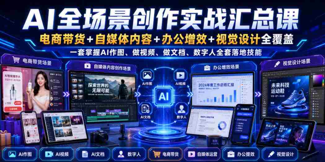 AI全场景创作实战汇总课|电商带货+自媒体内容+办公增效+视觉设计全覆盖,一套掌握AI作图、做视频、做文档、数字人全套落地技能-晓懂云创