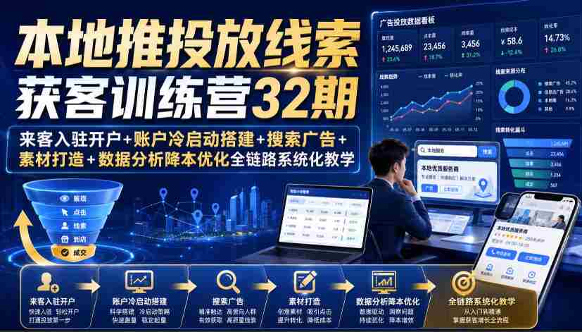 本地推投放线索获客训练营32期|来客入驻开户+账户冷启动搭建+搜索广告+素材打造+数据分析降本优化全链路系统化教学(8月全新课程)-晓懂云创