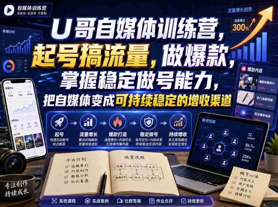 U哥自媒体训练营，起号搞流量，做爆款，掌握稳定做号能力，把自媒体变成可持续稳定的增收渠道-晓懂云创