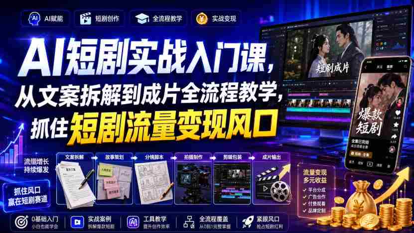 AI短剧实战入门课，从文案拆解到成片全流程教学，抓住短剧流量变现风口-晓懂云创