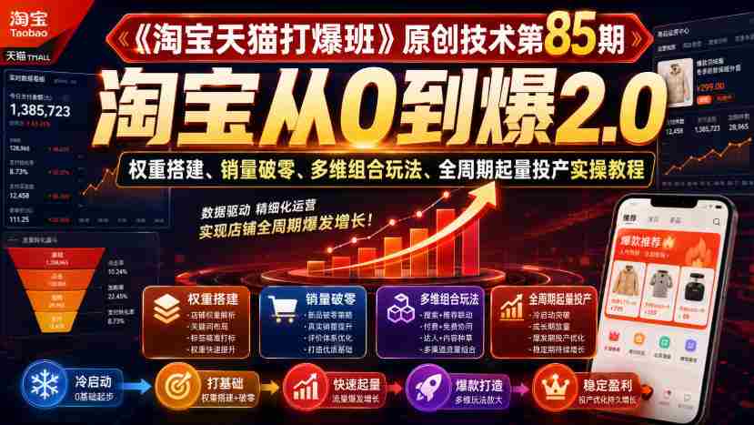 《淘宝天猫打爆班》原创技术第85期,淘宝从0到爆2.0,权重搭建、销量破零、多维组合玩法、全周期起量投产实操教程-晓懂云创