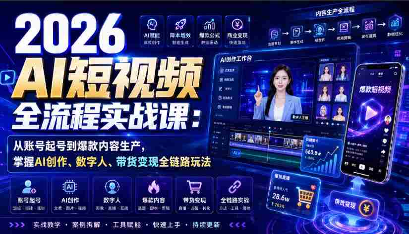 2026 AI短视频全流程实战课:从账号起号到爆款内容生产,掌握AI创作、数字人、带货变现全链路玩法-晓懂云创