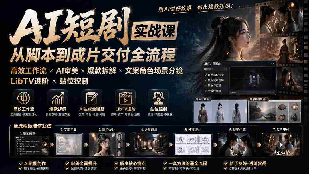 (19717期)AI短剧实战课:高效工作流×AI审美×爆款拆解×文案角色场景分镜×LibTV进阶×站位控制×从脚本到成片交付全流程-晓懂云创