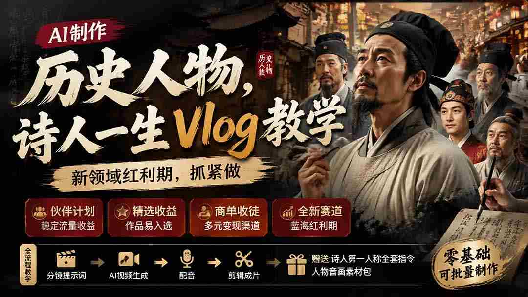 (19758期)历史人物,诗人一生Vlog教学, AI制作丨伙伴计划丨精选收益丨商单收徒 ,新领域红利期,抓紧做-晓懂云创