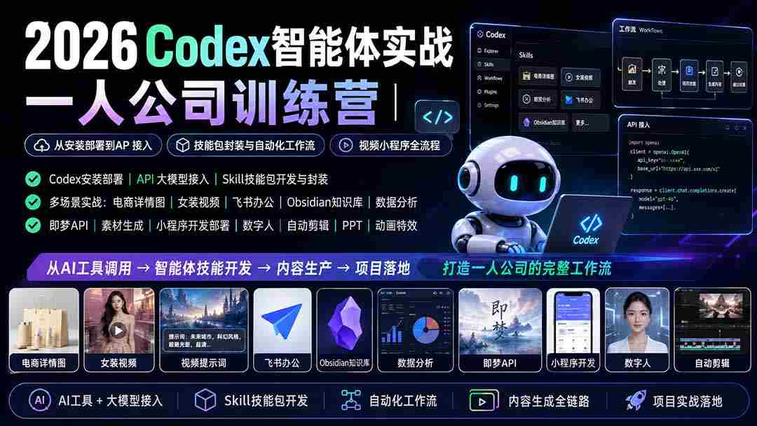 (19876期)2026Codex智能体实战|一人公司训练营|从安装部署到API接入|技能包封装与自动化工作流|视频小程序全流程-晓懂云创