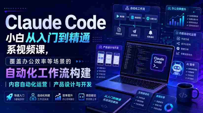 Claude Code小白从入门到精通系视频课,覆盖办公效率等场景的自动化工作流构建|内容自动化运营|产品设计与开发-晓懂云创