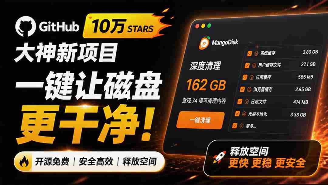 (19894期)在Gtihub上做出10万 stars 的大神,又发布新项目了!一键让磁盘更干净,开源免费清理工具 MangoDisk-晓懂云创