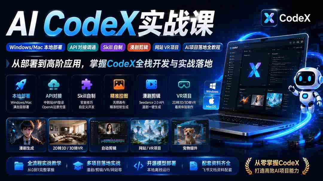 (19769期)AI CodeX实战课|Windows/Mac 本地部署|API 对接调通|Skill 自制|漫剧剪辑|网站 VR 项目|AI项目落地全教程-晓懂云创