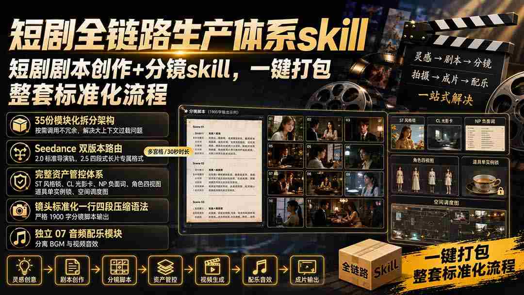 （19911期）短剧全链路生产体系skill，短剧剧本创作+分镜skill，一键打包，整套标准化流程-晓懂云创
