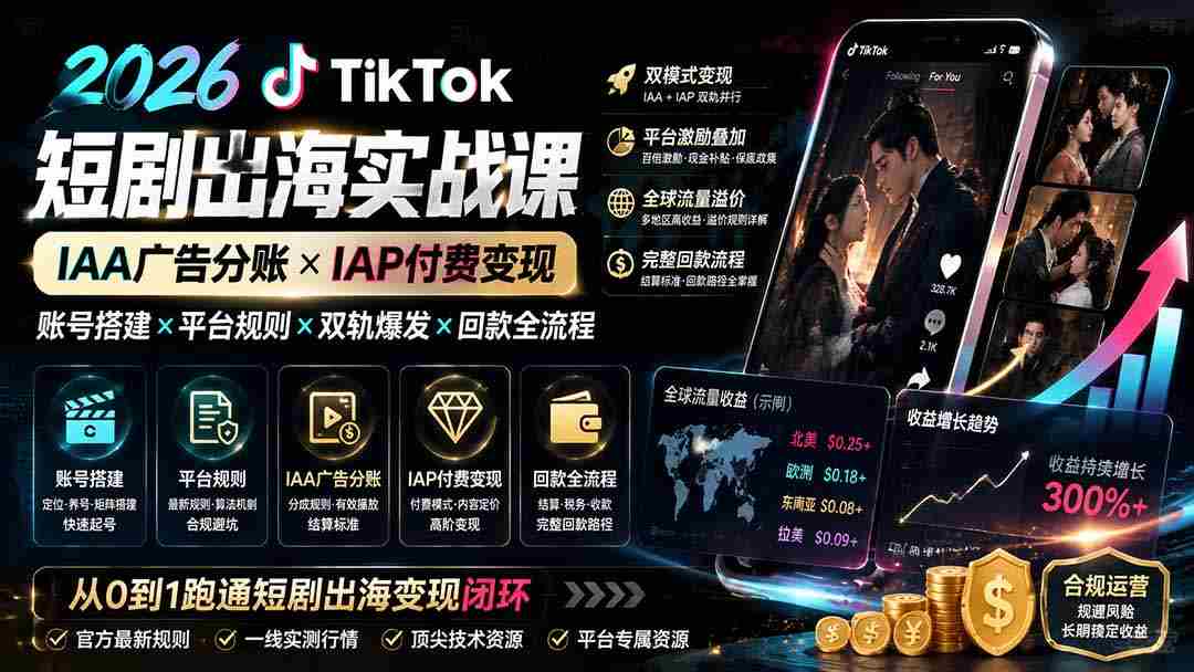 (19740期)2026TikTok短剧出海实战课:IAA广告分账×IAP付费变现×账号搭建×平台规则×双轨爆发×回款全流程-晓懂云创
