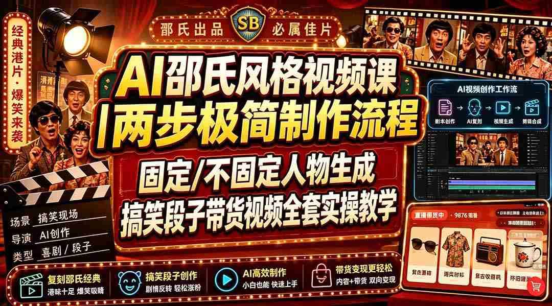 (19602期)AI邵氏风格视频课|两步极简制作流程,固定/不固定人物生成,搞笑段子带货视频全套实操教学-晓懂云创