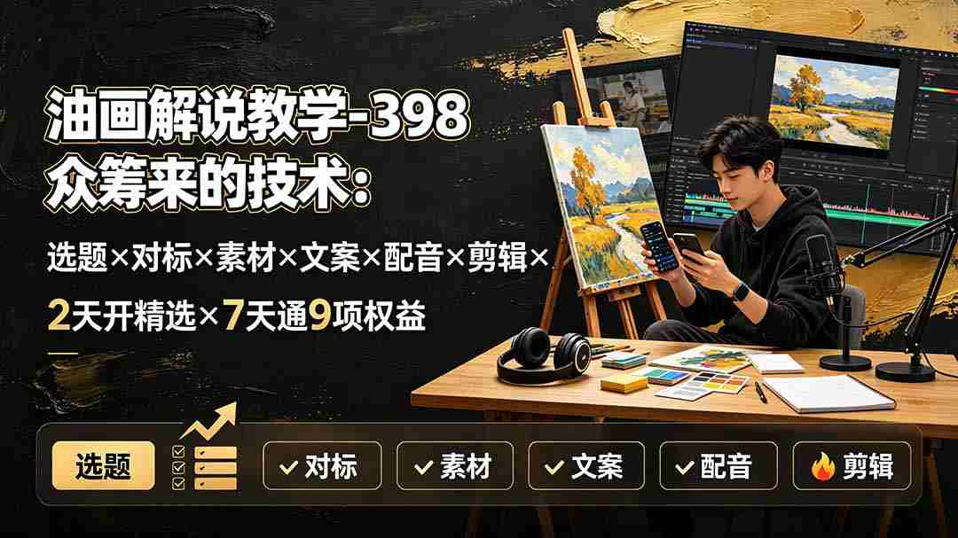 (19587期)油画解说教学-398众筹来的技术-刯新:选题×对标×素材×文案×配音×剪辑×2天开精选×7天通9项权益-晓懂云创