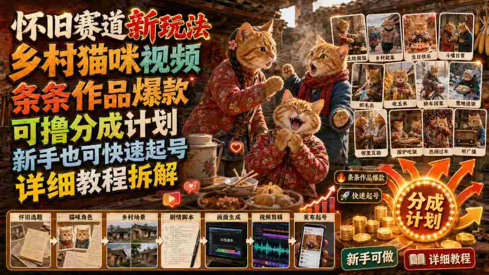 怀旧赛道新玩法,乡村猫咪视频,条条作品爆款,可撸分成计划,新手也可快速起号,详细教程拆解-晓懂云创