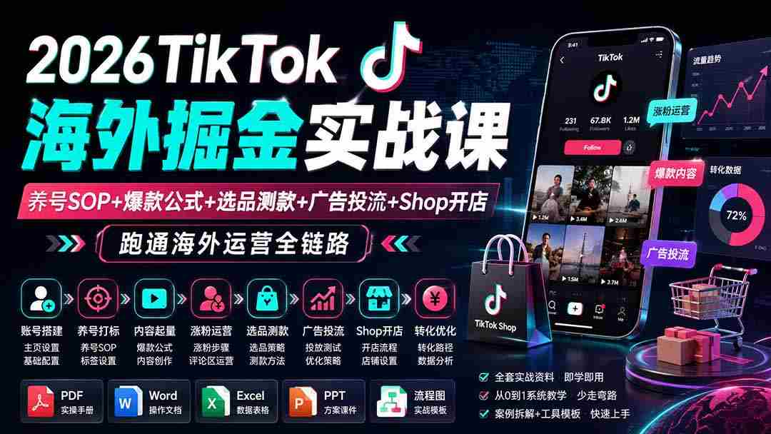 (19973期)2026TikTok海外掘金实战课——养号SOP+爆款公式+选品测款+广告投流+Shop开店,跑通海外运营全链路-晓懂云创