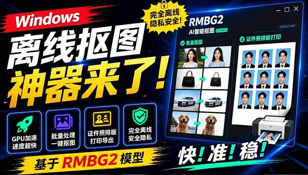 (19357期)Windows离线抠图神器来了!支持批量抠图 + 证件照排版打印,基于RMBG2模型,GPU加速 方块AI抠图-晓懂云创